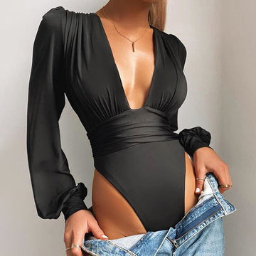 Yipinpay Black V Neck Sexy Bodysuit Women Puff Sleeve Bodycon Short Jumpsuit Body Femme Summer Casual Party Bodysuits Body Tops